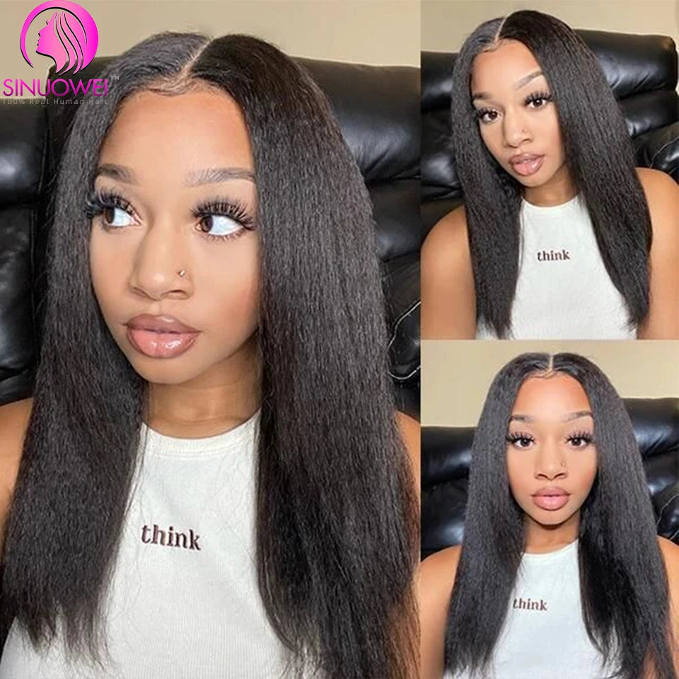 100% Human Hair No Leave Out Kinky Straight Wig For Women V Part No Glue Natural Color Human Hair Wig