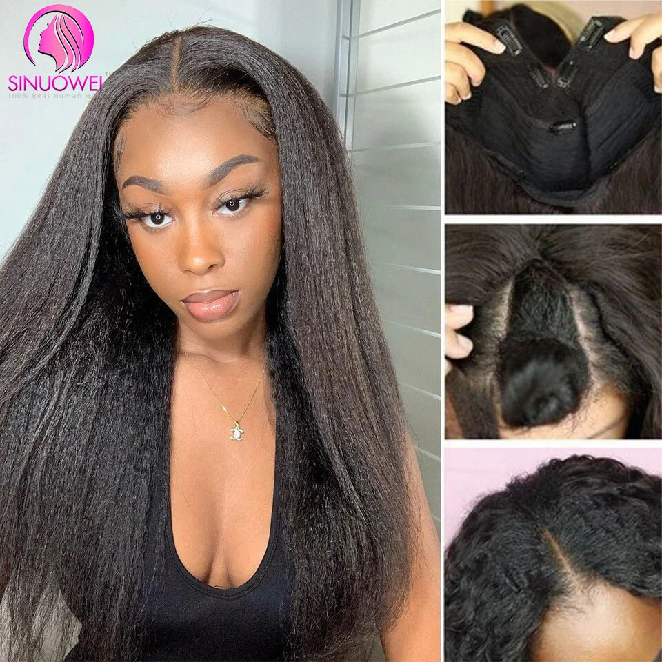100% Human Hair No Leave Out Kinky Straight Wig For Women V Part No Glue Natural Color Human Hair Wig