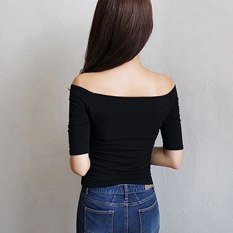 Women Autumn T-shirts Half Sleeves Off Shoulder Pullover Slim Fit Casual Tops -MX8