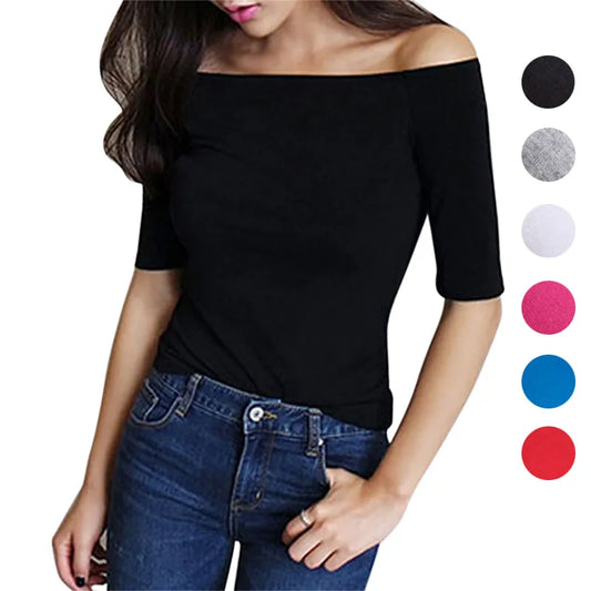 Women Autumn T-shirts Half Sleeves Off Shoulder Pullover Slim Fit Casual Tops -MX8