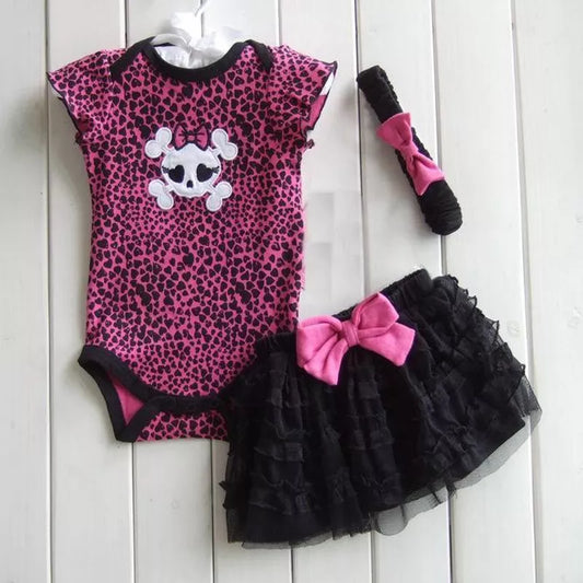 Skull Summer Infant Kids Girls Clothing Sets Bodysuits +Tutu Skirt + Headband  3 Piece Suits Leopard Baby Girl Clothes
