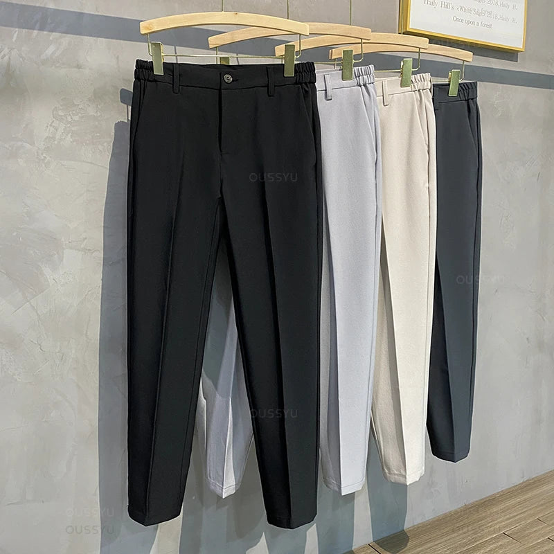 2023 Autumn Winter Men's Casual Pants Suit Pant Slim Fit Work Elastic Waist Thick Jogging Trousers Male Black Plus Size 40 42