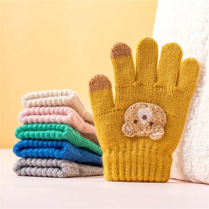 Cartoon Bear Baby Mittens Winter Warm Knitted Gloves Crochet Thick Mitten for Kids Boy Girl Children Toddler (3-12Years)