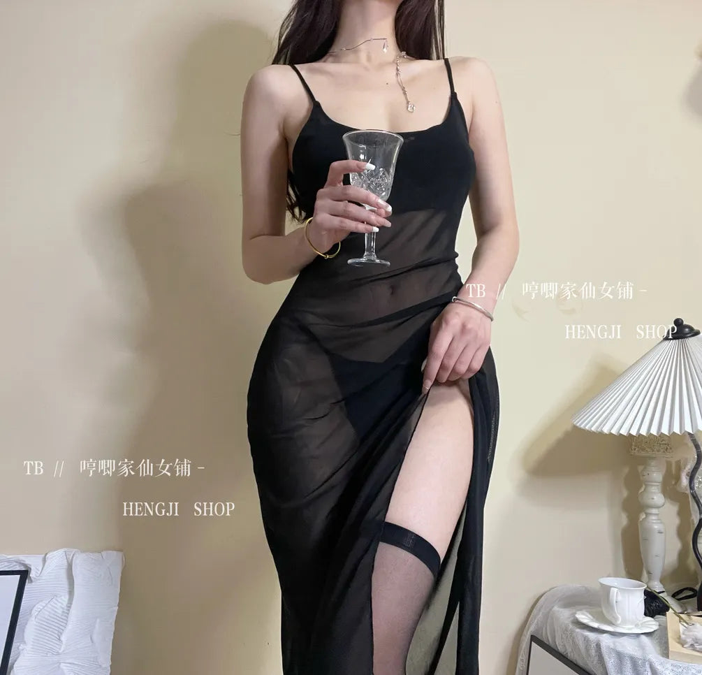 Summer Thin Women's Sexy Long Dress Transparent Temptation Sleepwear Mesh Perspective Bottom Slant Split Design Dress W4SC