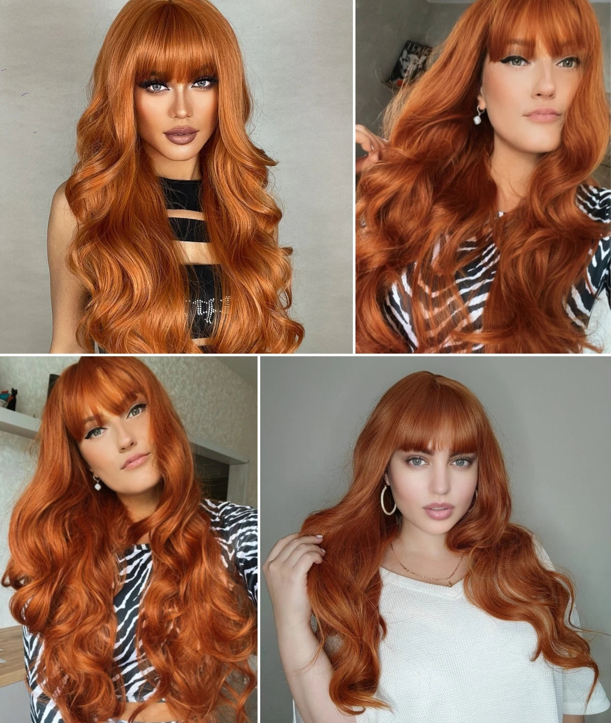 Long Orange Body Wave Synthetic Wig with Bangs for White Women Natural Looking Hair Daily Use Party Cosplay Heat Resistant Fiber