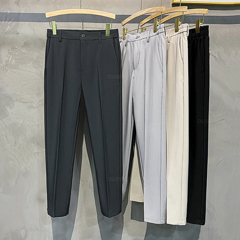 2023 Autumn Winter Men's Casual Pants Suit Pant Slim Fit Work Elastic Waist Thick Jogging Trousers Male Black Plus Size 40 42