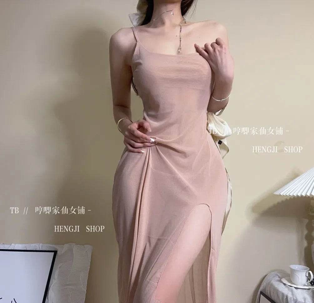 Summer Thin Women's Sexy Long Dress Transparent Temptation Sleepwear Mesh Perspective Bottom Slant Split Design Dress W4SC