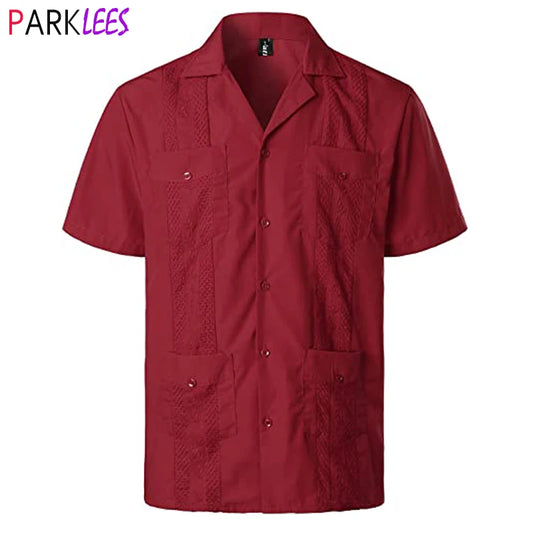 Wine Red Four-Pocket Cuban Guayabera Shirt Men Short Sleeve Camp Collar Shirt Male Embroidered Mexican Cigar Wedding Beach Shirt