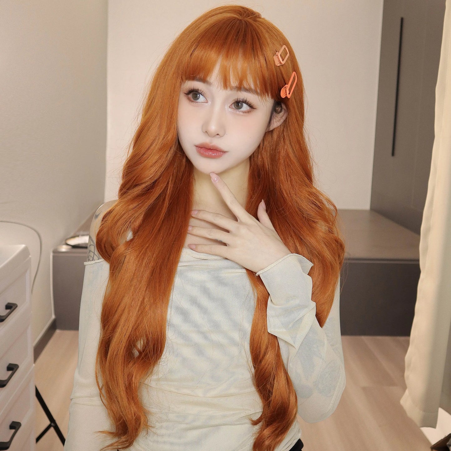 Long Orange Body Wave Synthetic Wig with Bangs for White Women Natural Looking Hair Daily Use Party Cosplay Heat Resistant Fiber