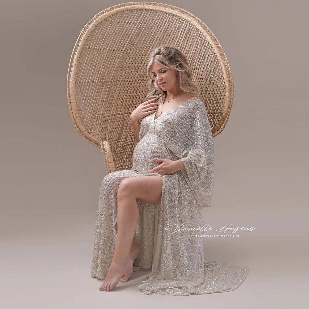 Sexy Maternity Photography Prop Dress SequinTransparent Side Slit Simple Boho Maxi Gown Pregnancy Women Photo Shoot Accessories